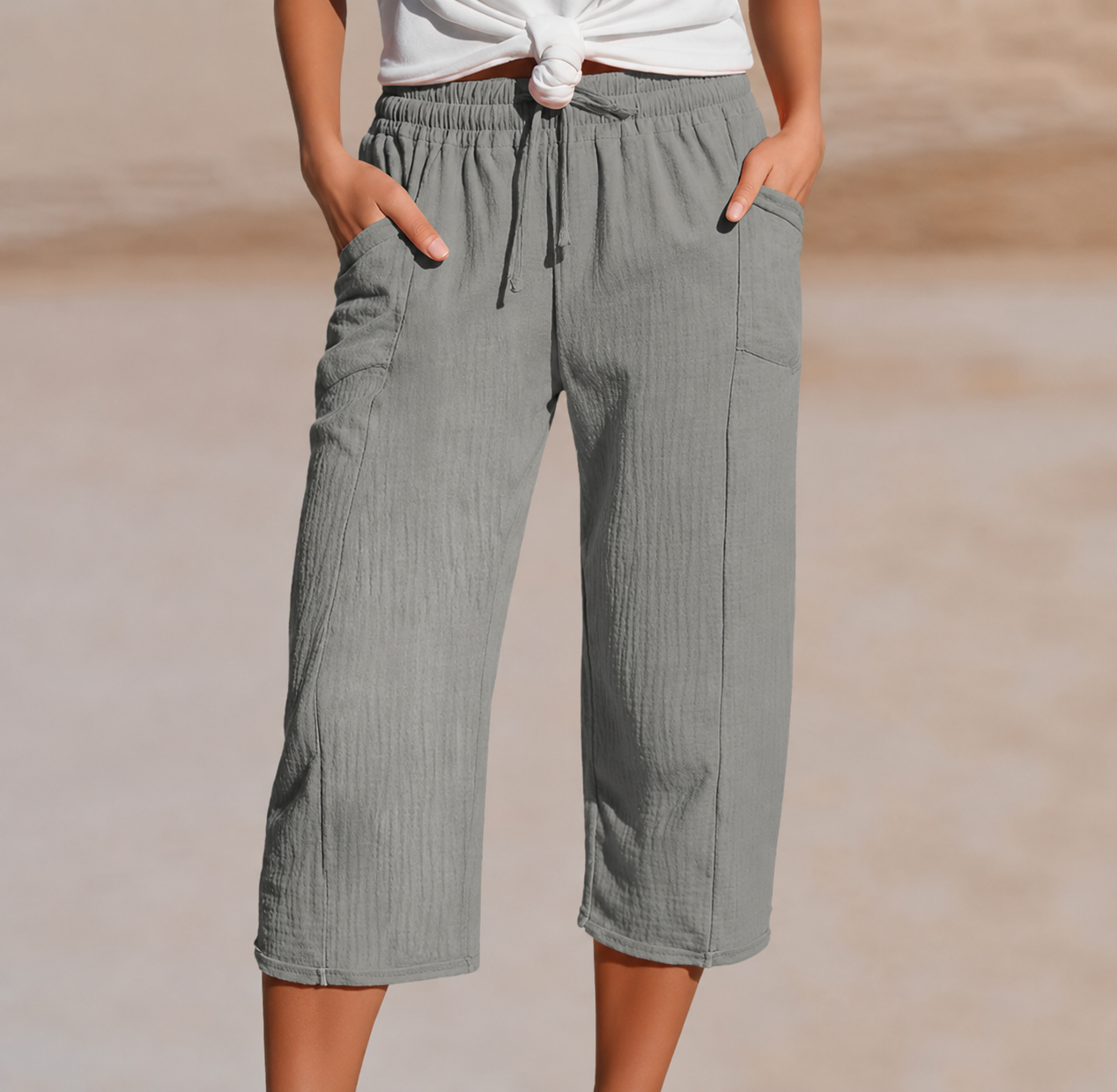 Femme Pantacourt Ample avec Taille Élastique et Cordon de Serrage