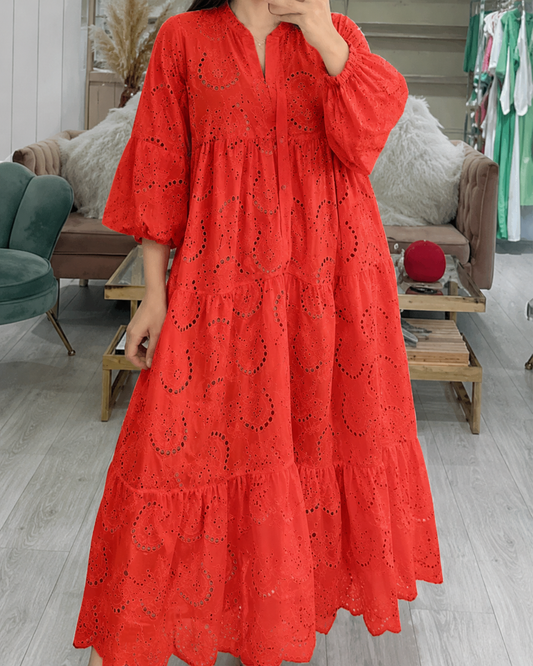 Femme Robe Maxi à Col en V avec Broderie Ajourée et Manches Trois-quarts