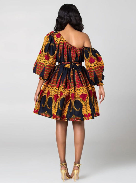 Robe de Soirée Femme Mi-Longue à Épaules Dénudées et Manches Longues Motif Abstrait 2