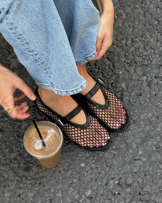 Femme Ballerines Mary Jane à Résille avec Bride à Boucle
