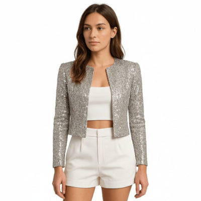 Femme Blazer Court à Paillettes Manches Longues sans Fermeture