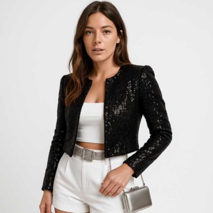 Femme Blazer Court à Paillettes Manches Longues sans Fermeture