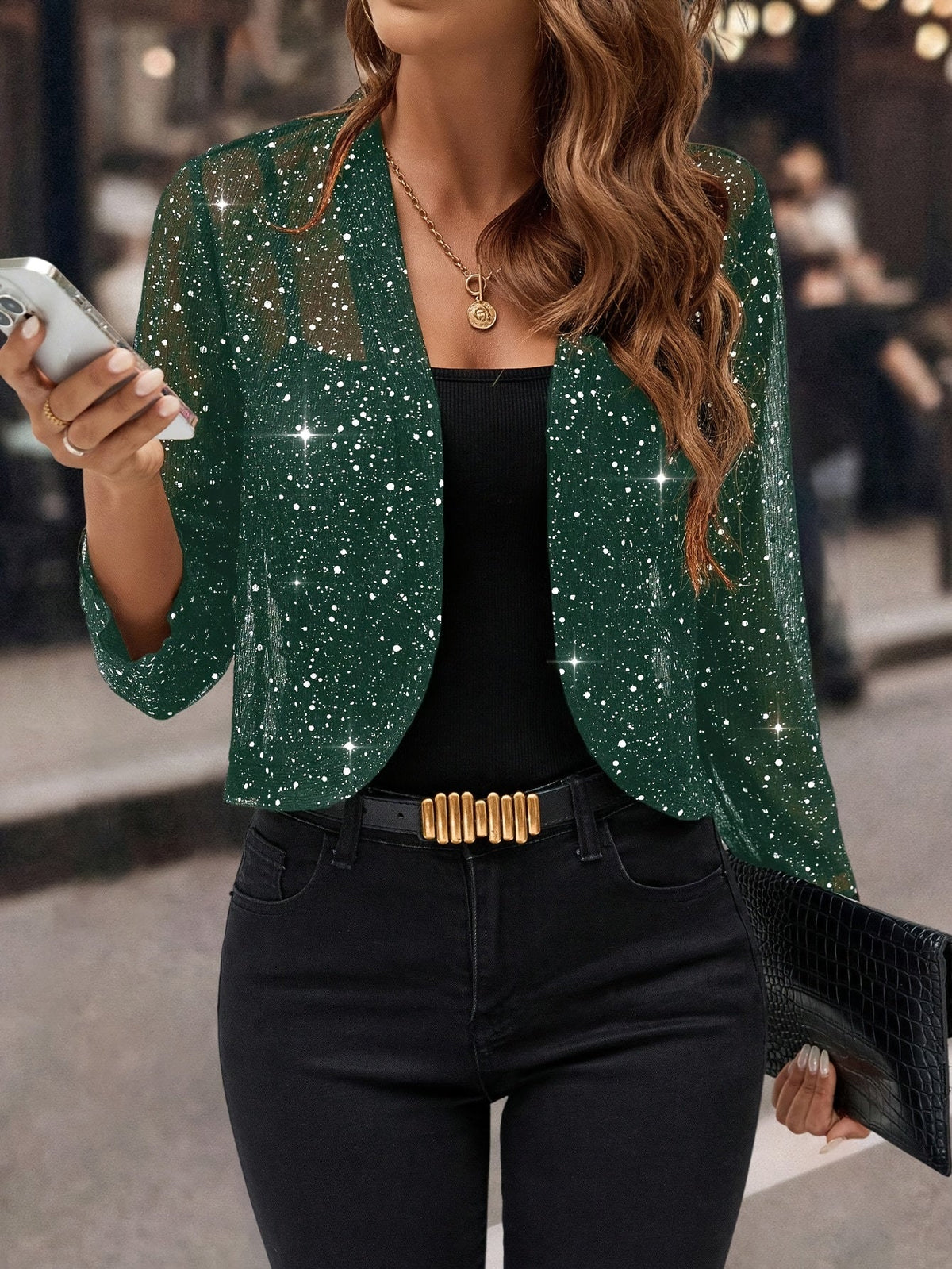 Femme Blazer Court Manches Longues Scintillant à Devant Ouvert
