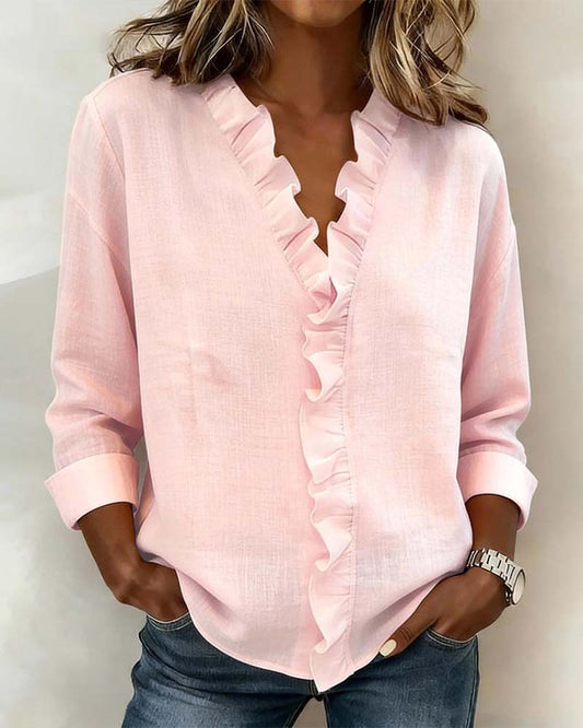 Femme Blouse à Volants Col en V et Manches Longues