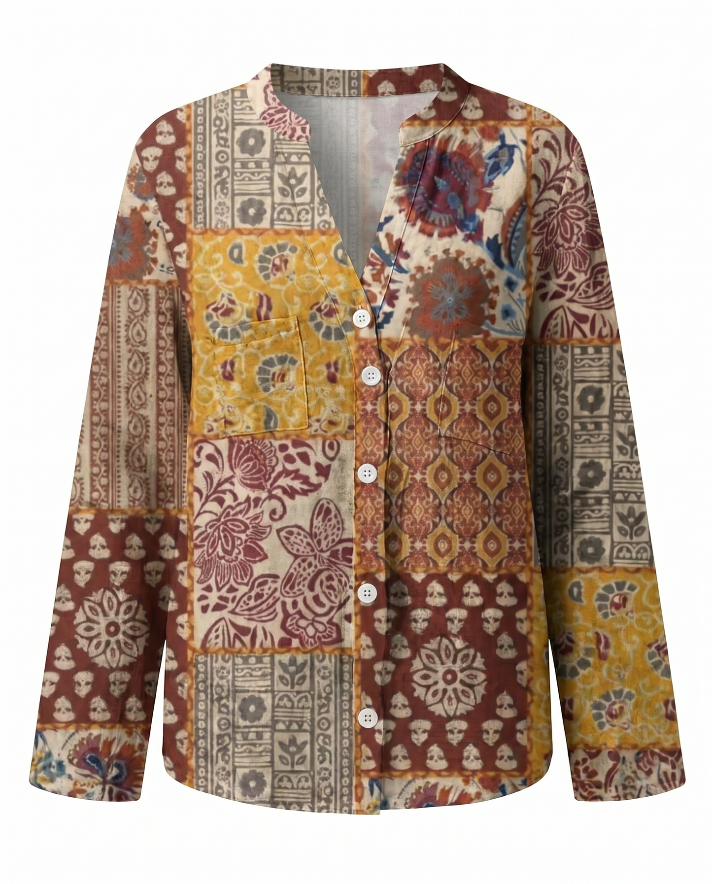 Femme Blouse Bohème Manches Longues avec Col en V et Imprimé Floral