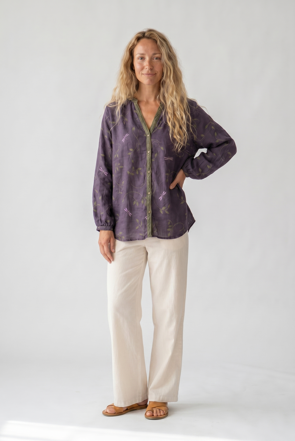 Femme Blouse Bohème Manches Longues avec Col en V et Imprimé Floral