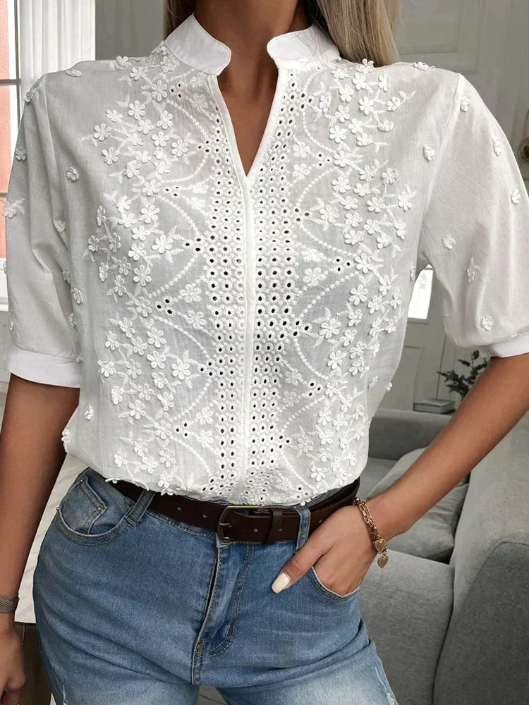 Femme Blouse Courte à Col Montant avec Broderie Florale et Broderie Anglaise