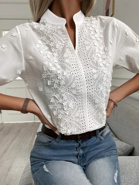 Femme Blouse Courte à Col Montant avec Broderie Florale et Broderie Anglaise
