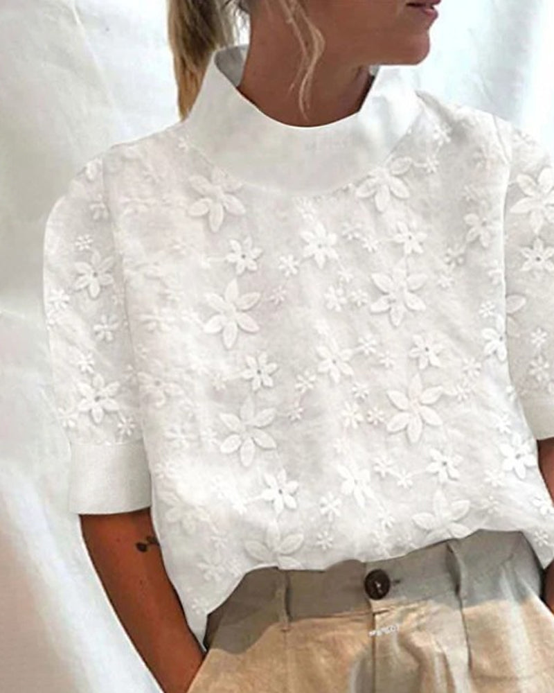 Femme Blouse Courte Manches Courtes avec Col Montant et Broderie Florale