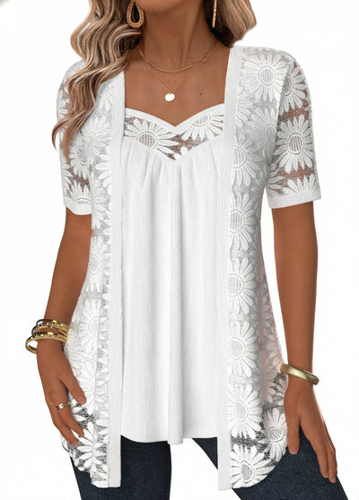 Femme Blouse Courte Manches Courtes Effet Deux Pièces avec Dentelle Florale