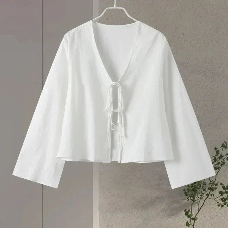 Femme Blouse Longue Manche avec Col en V et Lacets