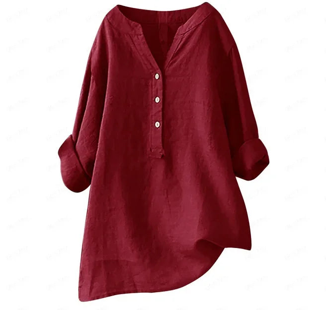 Femme Blouse Longue Manches Longues col V avec Boutons et Ourlet Asymétrique