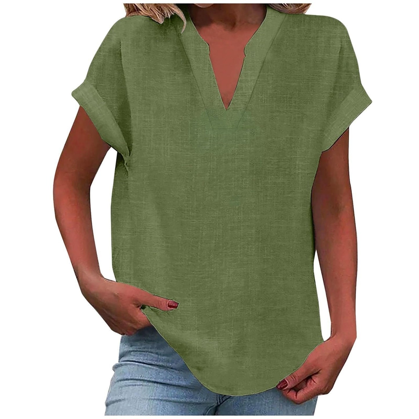 Femme Blouse Manches Courtes avec Col en V et Silhouette Ample