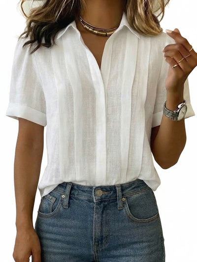 Femme Blouse Manches Courtes avec Col et Plis Verticaux