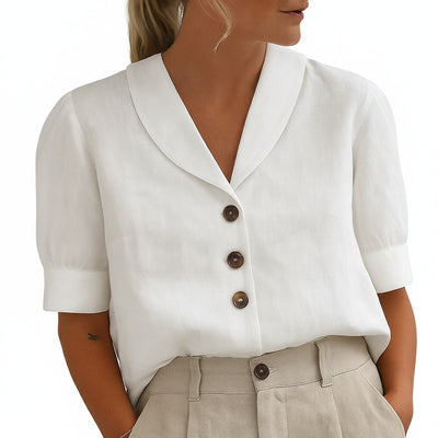 Femme Blouse Manches Courtes avec Col V et Boutonnière Coupe Décontractée