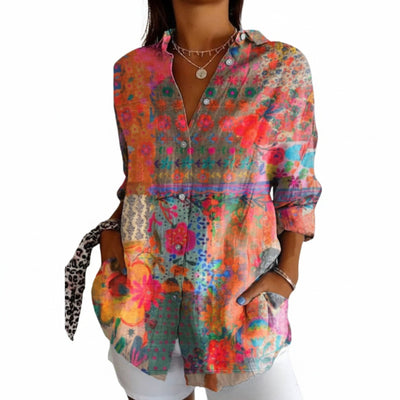 Femme Blouse Manches Longues à Col V et Imprimé Fantaisie