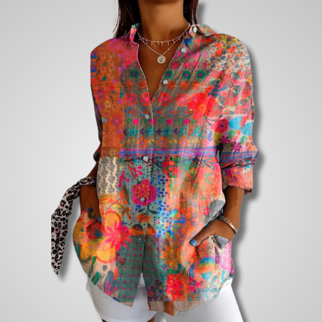 Femme Blouse Manches Longues à Col V et Imprimé Fantaisie