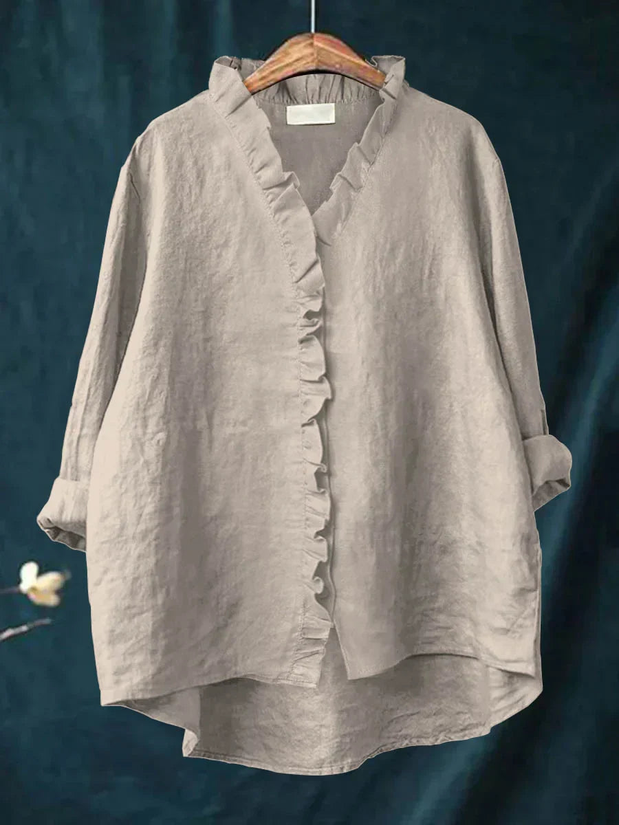 Femme Blouse Manches Longues à Volants col en V Oversize avec Boutons