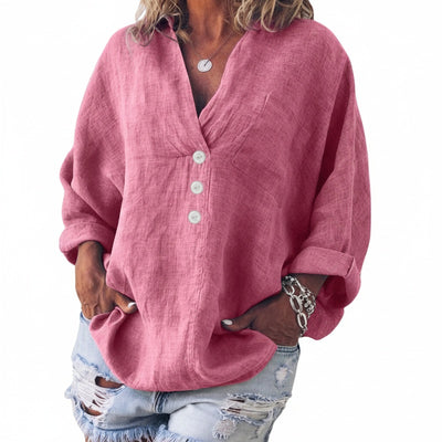 Femme Blouse Manches Longues col V avec Boutons et Poche