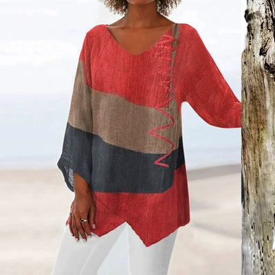 Femme Blouse Manches Trois-Quarts à Col en V et Ourlet Asymétrique avec Imprimé Artistique