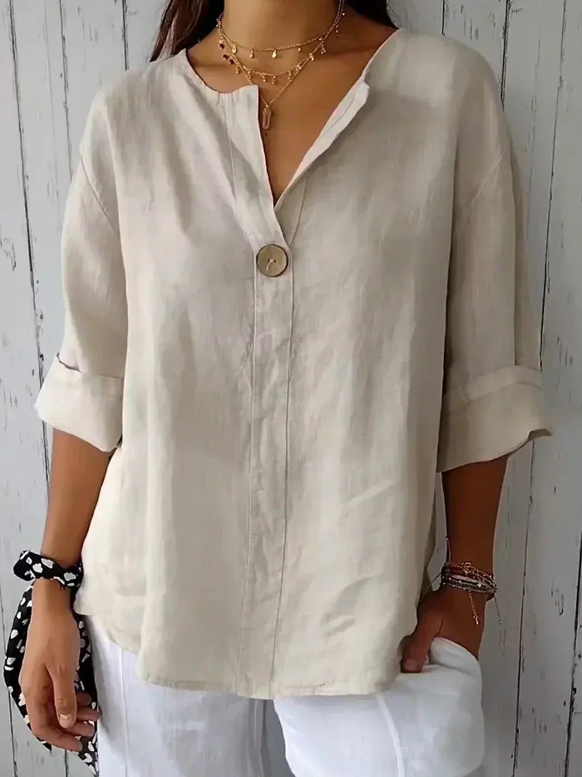 Femme Blouse Manches Trois-Quarts avec Col en V et Bouton Oversize
