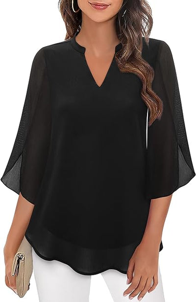 Femme Blouse Manches Trois-Quarts avec Col V et Coupe Ample