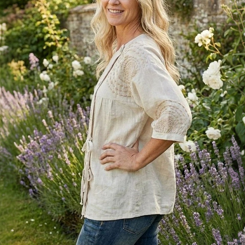 Femme Blouse Manches Trois-Quarts Col Rond avec Broderie et Lacets