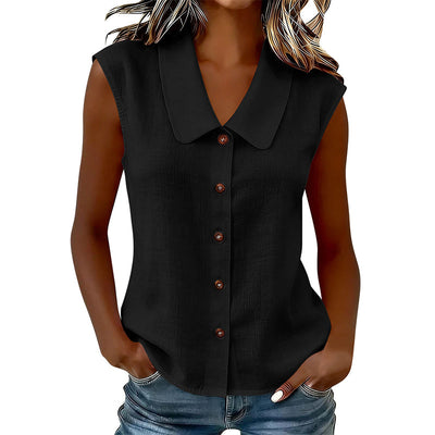 Femme Blouse sans Manches avec Col Polo et Boutonnière