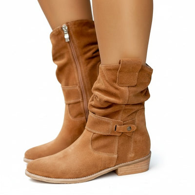 Femme Bottines mi-mollet à Fronces avec Fermeture Éclair et Talon Bloc