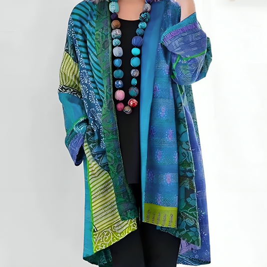 Femme Cardigan Bohème Oversize à Imprimé Patchwork et Manches Longues