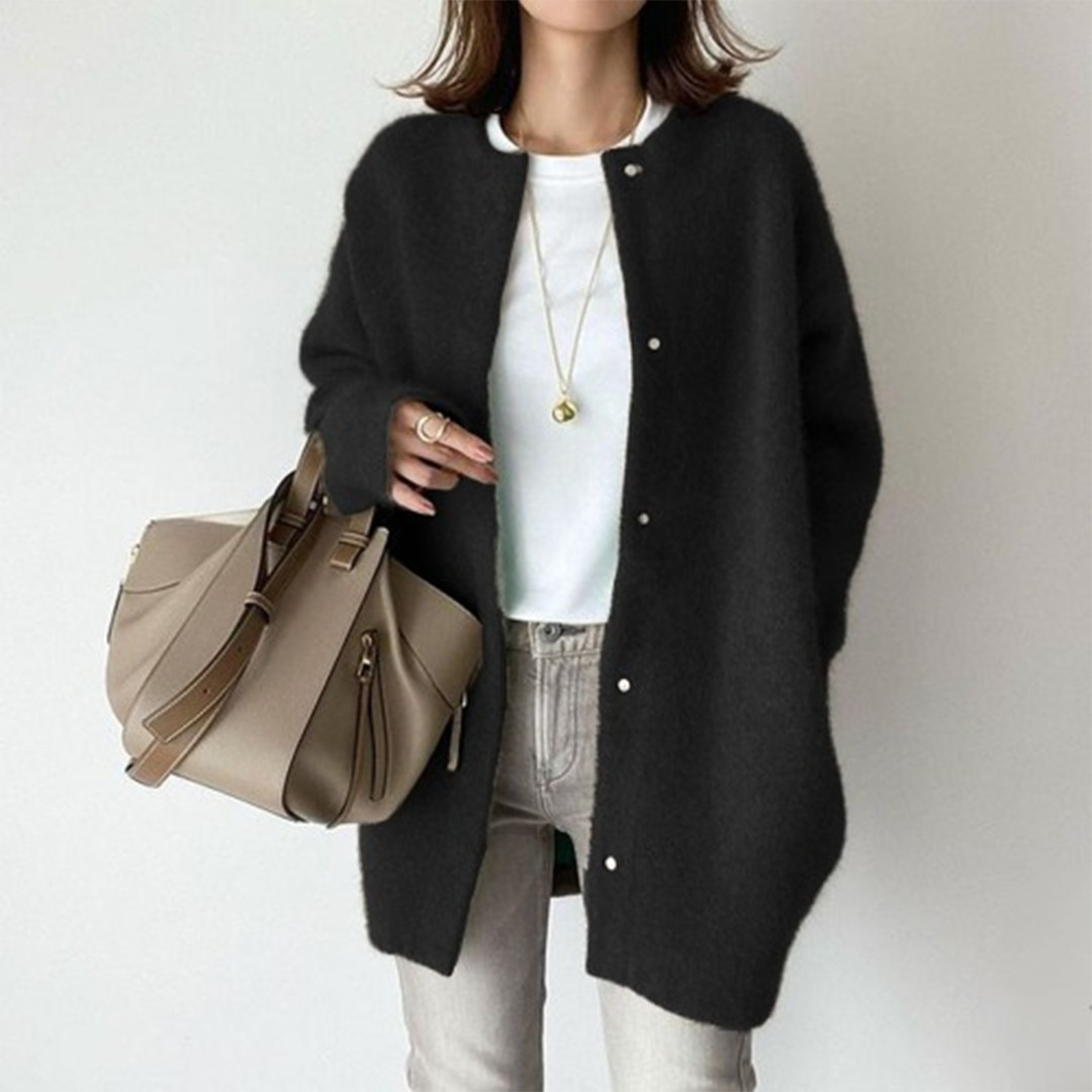 Femme Cardigan Long Oversize col Rond à Boutons Pression