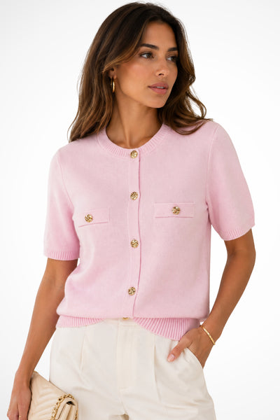 Femme Cardigan Manches Courtes Col Rond avec Boutons Dorés et Poches