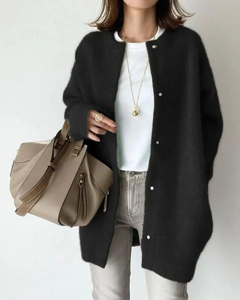 Femme Cardigan Oversize Longue Manche avec Boutons-Pression col Rond