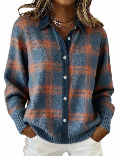 Femme Chemise Cardigan à Carreaux Manches Longues avec Col Chemisier et Boutons