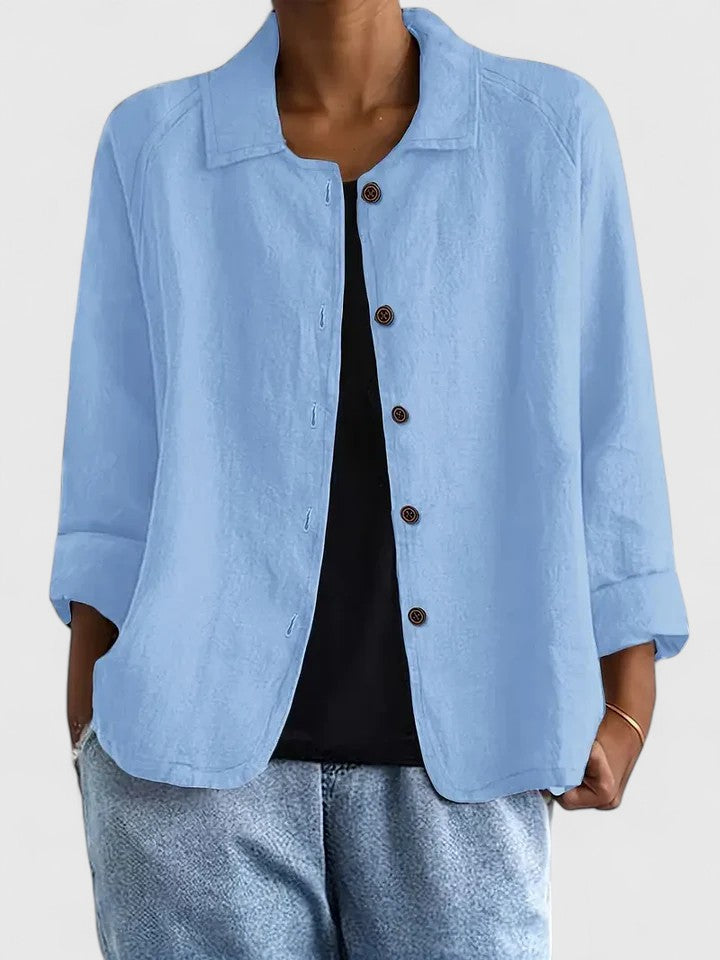 Femme Chemise Longue Manches Longues avec Col Rabattu et Boutons