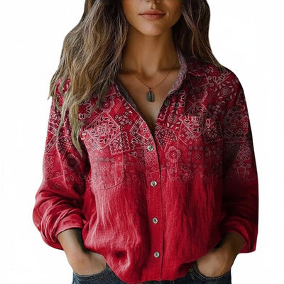Femme Chemise Manches Longues à Imprimé Bohème avec Col Chemisier et Poches