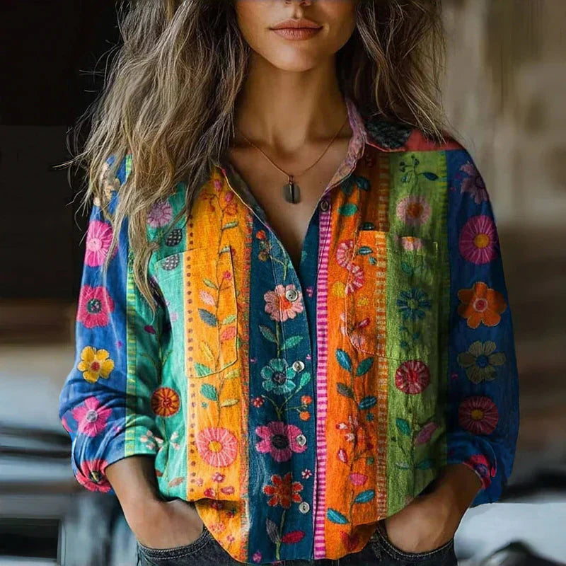 Femme Chemise Manches Longues Bohème à Imprimé avec Poches et Boutons