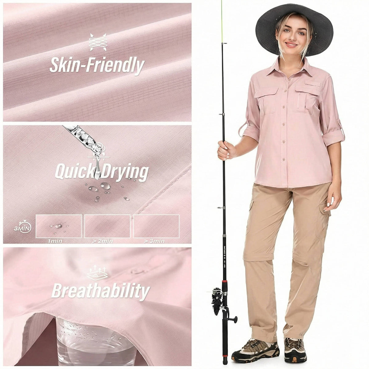 Femme Chemise Outdoor Manches Longues Convertibles avec Col Rabattable et Poches