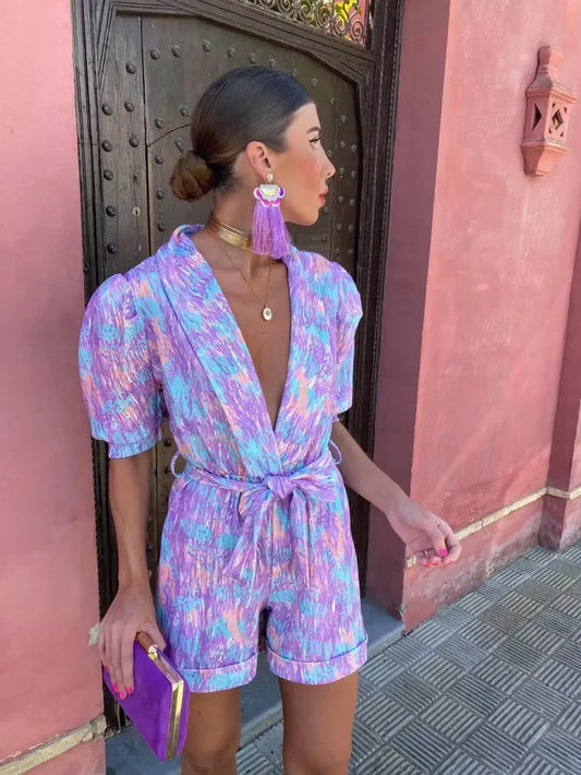 Femme Combinaison Courte à Manches Bouffantes et Décolleté V avec Ceinture Nouée