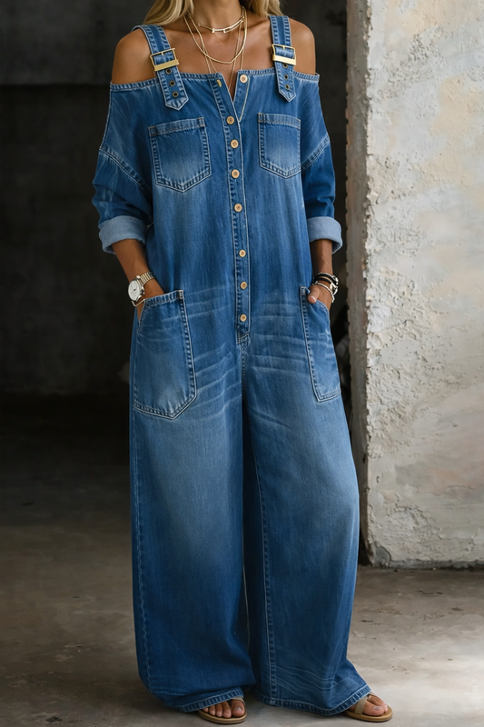 Femme Combinaison Jean Large Épaules Dénudées avec Boutonnage et Poches