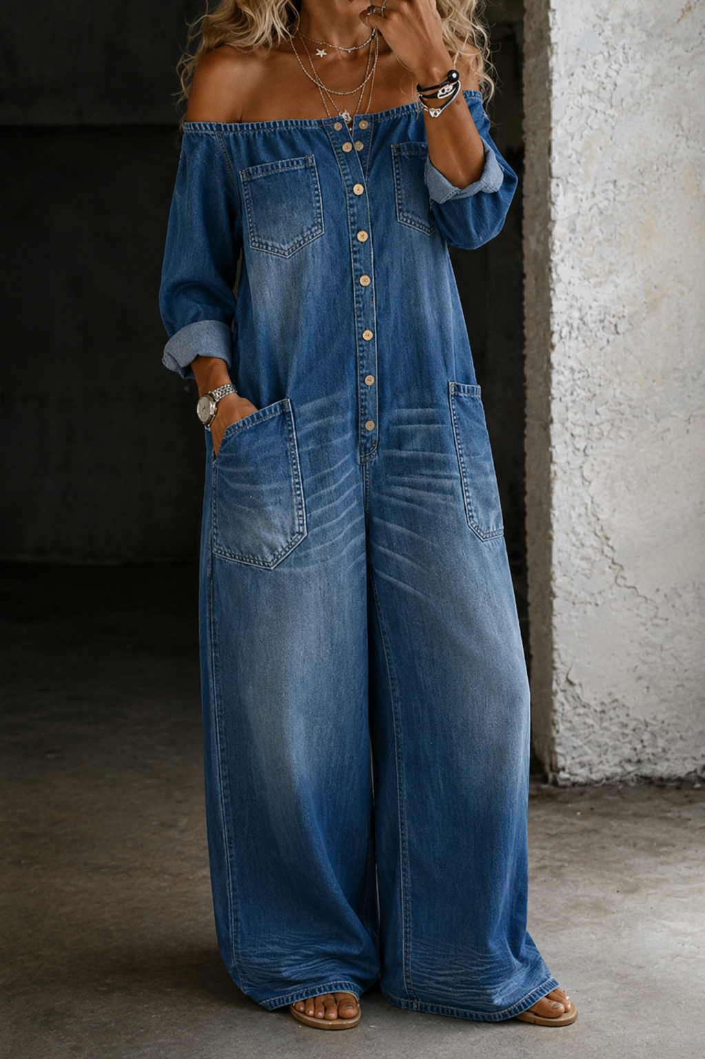 Femme Combinaison Jean Large Épaules Dénudées avec Boutonnage et Poches