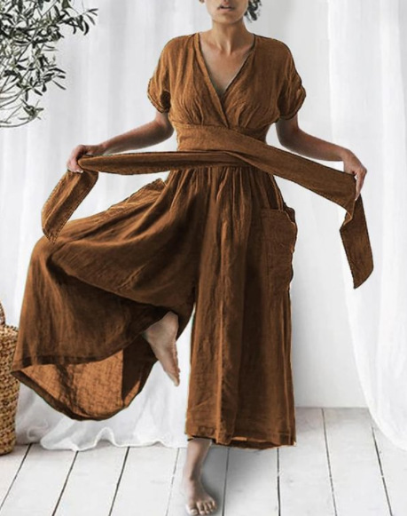 Femme Combinaison Longue col en V Croisé avec Ceinture à Nouer