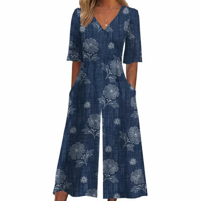 Femme Combinaison Pantalon Large Imprimé Floral avec Col en V et Manches Mi-longues