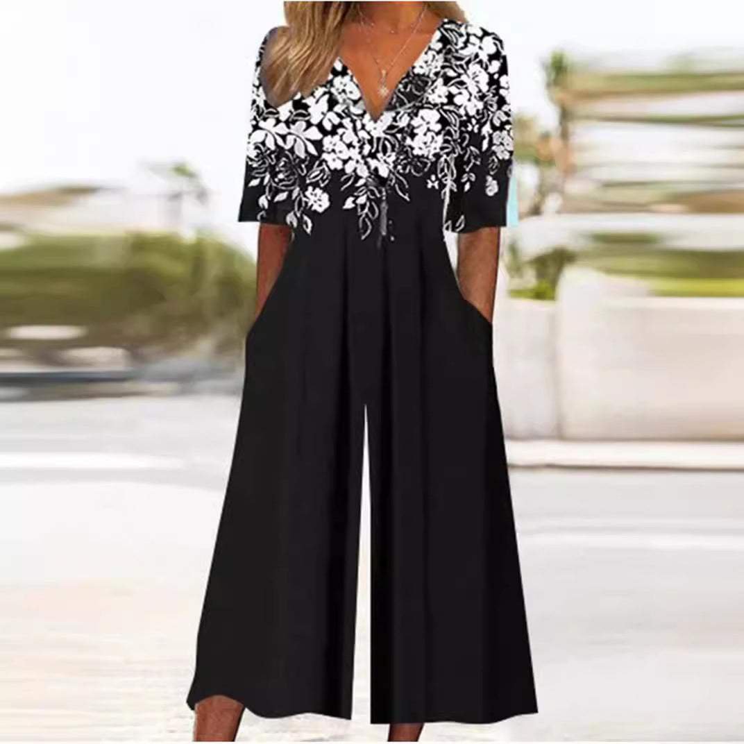 Femme Combinaison Pantalon Large Imprimé Floral avec Col en V et Manches Mi-longues