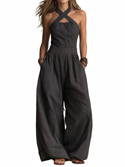 Femme Combinaison Pantalon Large sans Manches col Croisé Halter avec Poches