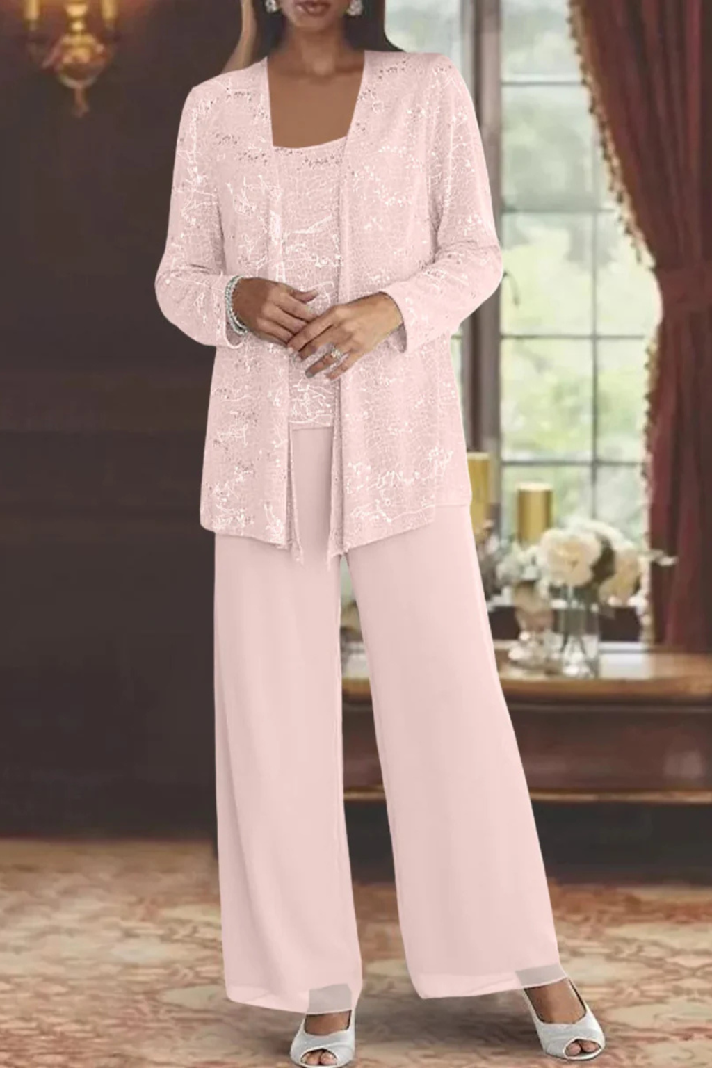 Femme Ensemble 3 Pièces de Soirée avec Veste à Paillettes et Pantalon Large