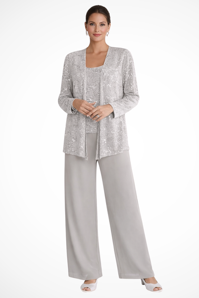 Femme Ensemble 3 Pièces de Soirée avec Veste à Paillettes et Pantalon Large