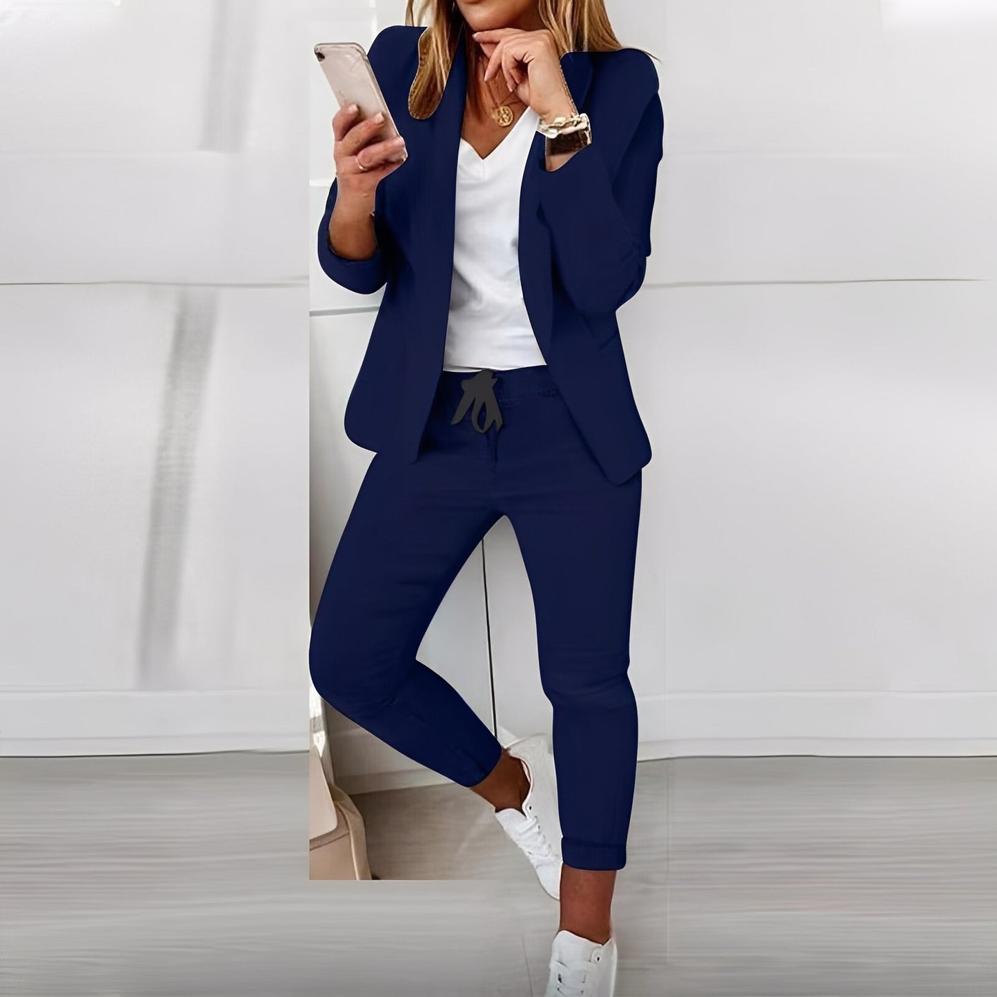 Femme Ensemble Blazer et Pantalon à Cordon Manches Longues Col Châle