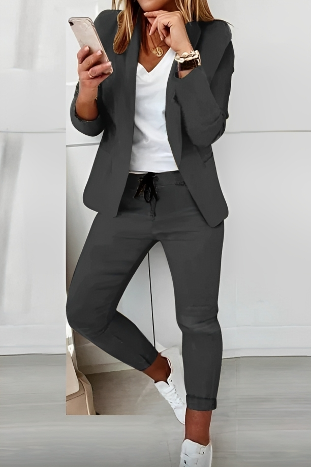 Femme Ensemble Blazer et Pantalon Slim Manches Longues sans Fermeture