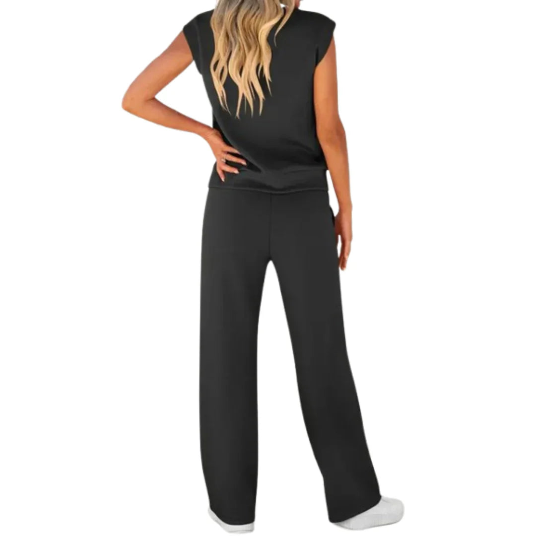 Femme Ensemble Casual Sans Manches col Rond et Pantalon Large à Cordon